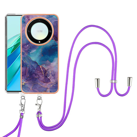 Funda Silicona Gel Goma Patron de Moda Carcasa con Acollador Cordon Lanyard Y07B para Huawei Honor X9a 5G Morado