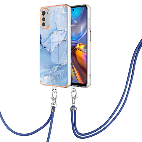 Funda Silicona Gel Goma Patron de Moda Carcasa con Acollador Cordon Lanyard Y07B para Motorola Moto E32s Azul