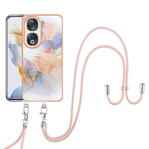 Funda Silicona Gel Goma Patron de Moda Carcasa con Acollador Cordon Lanyard YB3 para Huawei Honor 90 5G Purpura Claro