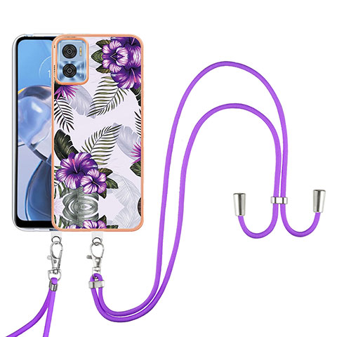 Funda Silicona Gel Goma Patron de Moda Carcasa con Acollador Cordon Lanyard YB3 para Motorola Moto E22 Morado