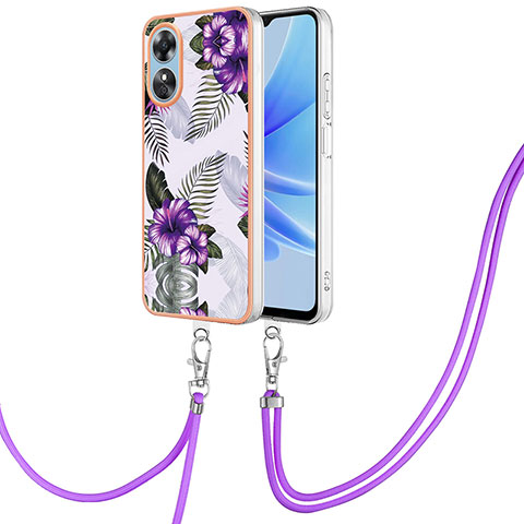 Funda Silicona Gel Goma Patron de Moda Carcasa con Acollador Cordon Lanyard YB3 para Oppo A17 Morado