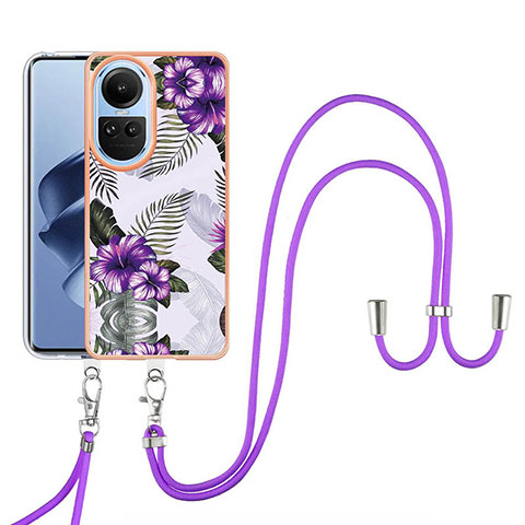 Funda Silicona Gel Goma Patron de Moda Carcasa con Acollador Cordon Lanyard YB3 para Oppo Reno10 5G Morado