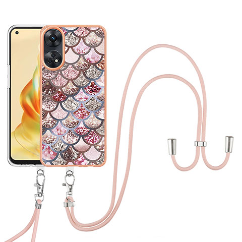 Funda Silicona Gel Goma Patron de Moda Carcasa con Acollador Cordon Lanyard YB3 para Oppo Reno8 T 4G Marron