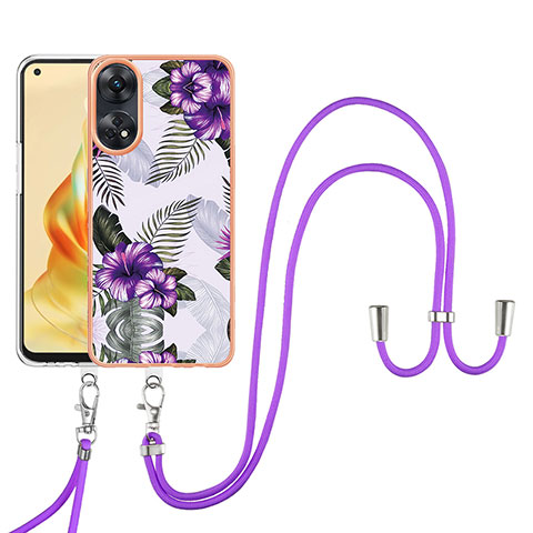 Funda Silicona Gel Goma Patron de Moda Carcasa con Acollador Cordon Lanyard YB3 para Oppo Reno8 T 4G Morado