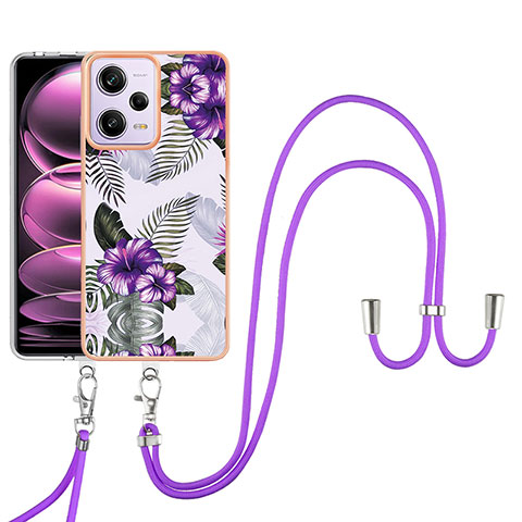 Funda Silicona Gel Goma Patron de Moda Carcasa con Acollador Cordon Lanyard YB3 para Xiaomi Redmi Note 12 Pro 5G Morado