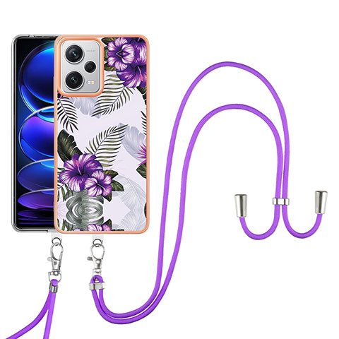 Funda Silicona Gel Goma Patron de Moda Carcasa con Acollador Cordon Lanyard YB3 para Xiaomi Redmi Note 12 Pro+ Plus 5G Morado