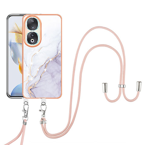 Funda Silicona Gel Goma Patron de Moda Carcasa con Acollador Cordon Lanyard YB5 para Huawei Honor 90 5G Blanco