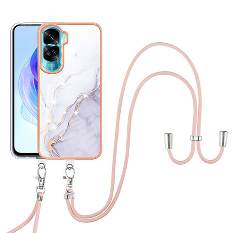 Funda Silicona Gel Goma Patron de Moda Carcasa con Acollador Cordon Lanyard YB5 para Huawei Honor 90 Lite 5G Blanco