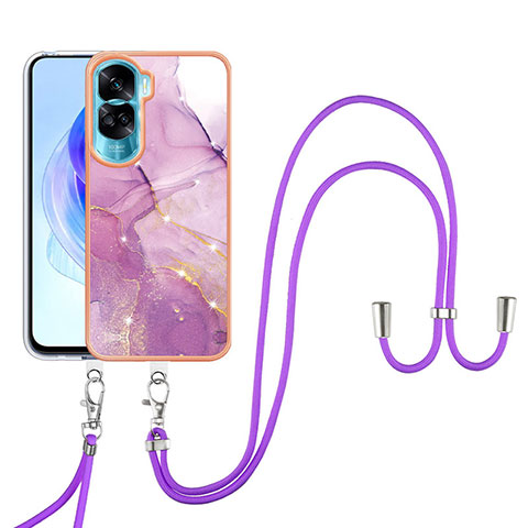 Funda Silicona Gel Goma Patron de Moda Carcasa con Acollador Cordon Lanyard YB5 para Huawei Honor 90 Lite 5G Purpura Claro