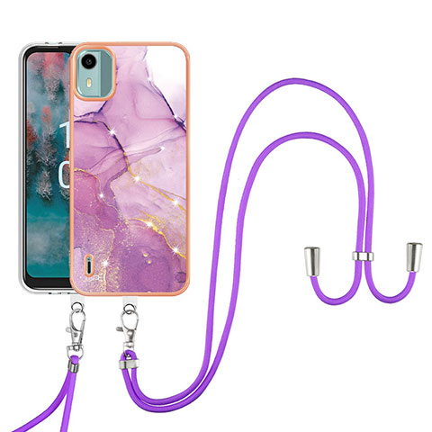 Funda Silicona Gel Goma Patron de Moda Carcasa con Acollador Cordon Lanyard YB5 para Nokia C12 Plus Purpura Claro