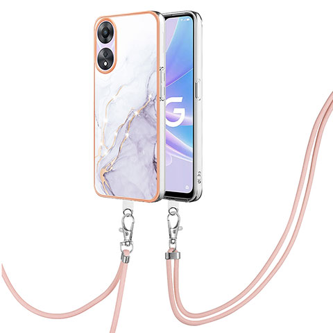 Funda Silicona Gel Goma Patron de Moda Carcasa con Acollador Cordon Lanyard YB5 para Oppo A58 5G Blanco