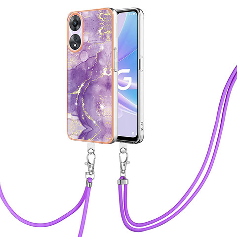 Funda Silicona Gel Goma Patron de Moda Carcasa con Acollador Cordon Lanyard YB5 para Oppo A58 5G Morado