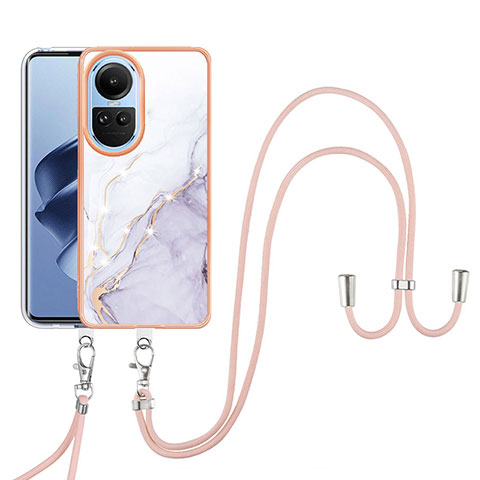 Funda Silicona Gel Goma Patron de Moda Carcasa con Acollador Cordon Lanyard YB5 para Oppo Reno10 5G Blanco