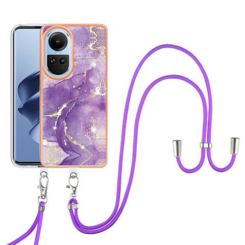 Funda Silicona Gel Goma Patron de Moda Carcasa con Acollador Cordon Lanyard YB5 para Oppo Reno10 Pro 5G Morado