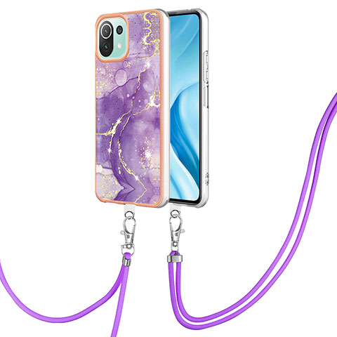 Funda Silicona Gel Goma Patron de Moda Carcasa con Acollador Cordon Lanyard YB5 para Xiaomi Mi 11 Lite 4G Morado