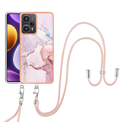 Funda Silicona Gel Goma Patron de Moda Carcasa con Acollador Cordon Lanyard YB5 para Xiaomi Poco F5 5G Rosa