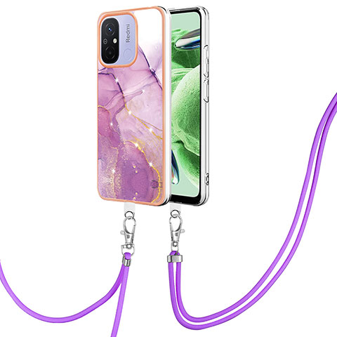 Funda Silicona Gel Goma Patron de Moda Carcasa con Acollador Cordon Lanyard YB5 para Xiaomi Redmi 12C 4G Purpura Claro