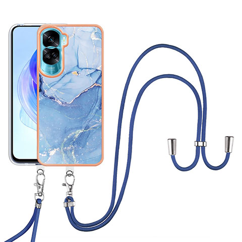 Funda Silicona Gel Goma Patron de Moda Carcasa con Acollador Cordon Lanyard YB7 para Huawei Honor 90 Lite 5G Azul