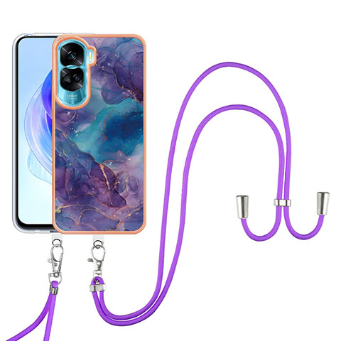 Funda Silicona Gel Goma Patron de Moda Carcasa con Acollador Cordon Lanyard YB7 para Huawei Honor 90 Lite 5G Morado