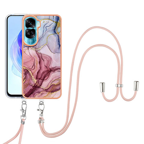 Funda Silicona Gel Goma Patron de Moda Carcasa con Acollador Cordon Lanyard YB7 para Huawei Honor 90 Lite 5G Purpura Claro