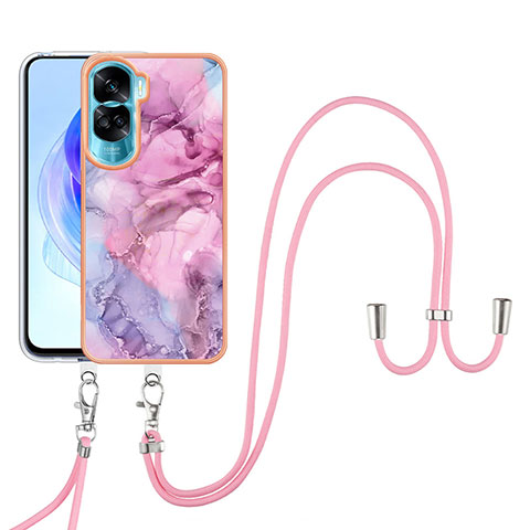 Funda Silicona Gel Goma Patron de Moda Carcasa con Acollador Cordon Lanyard YB7 para Huawei Honor 90 Lite 5G Rosa