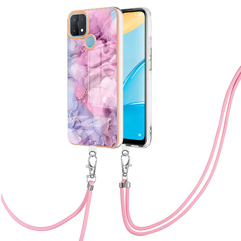 Funda Silicona Gel Goma Patron de Moda Carcasa con Acollador Cordon Lanyard YB7 para Oppo A15 Rosa