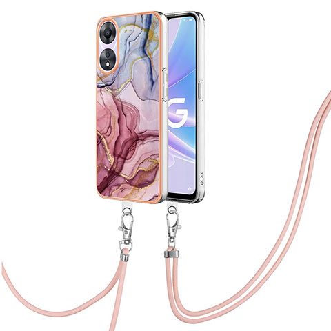 Funda Silicona Gel Goma Patron de Moda Carcasa con Acollador Cordon Lanyard YB7 para Oppo A58 5G Purpura Claro