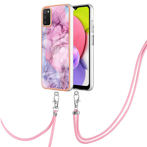 Funda Silicona Gel Goma Patron de Moda Carcasa con Acollador Cordon Lanyard YB7 para Samsung Galaxy A03s Purpura Claro