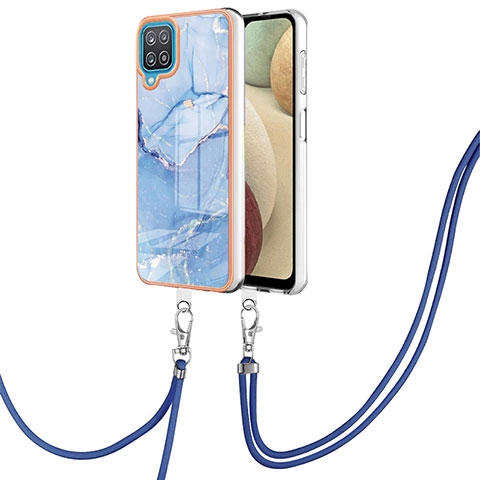 Funda Silicona Gel Goma Patron de Moda Carcasa con Acollador Cordon Lanyard YB7 para Samsung Galaxy A12 5G Azul