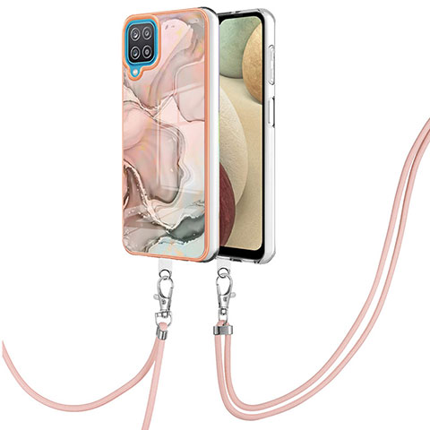 Funda Silicona Gel Goma Patron de Moda Carcasa con Acollador Cordon Lanyard YB7 para Samsung Galaxy A12 Nacho Rosa