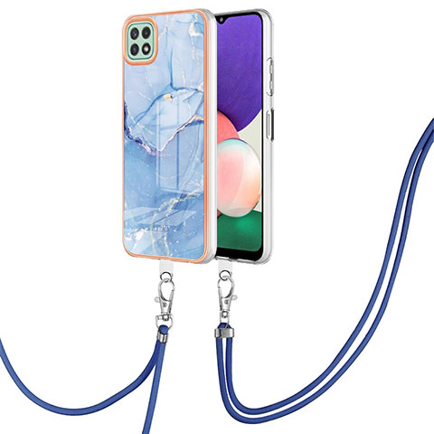 Funda Silicona Gel Goma Patron de Moda Carcasa con Acollador Cordon Lanyard YB7 para Samsung Galaxy A22s 5G Azul