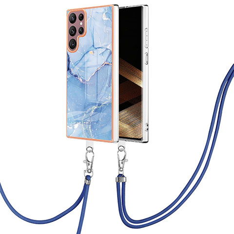 Funda Silicona Gel Goma Patron de Moda Carcasa con Acollador Cordon Lanyard YB7 para Samsung Galaxy S24 Ultra 5G Azul