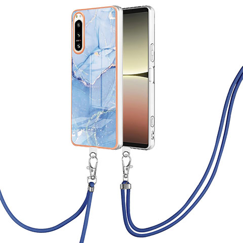 Funda Silicona Gel Goma Patron de Moda Carcasa con Acollador Cordon Lanyard YB7 para Sony Xperia 5 IV Azul