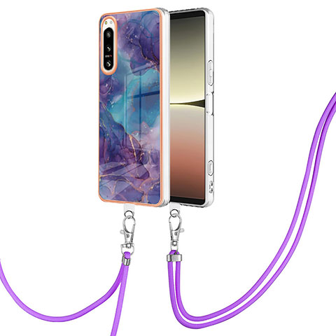 Funda Silicona Gel Goma Patron de Moda Carcasa con Acollador Cordon Lanyard YB7 para Sony Xperia 5 IV Morado