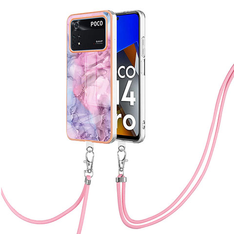 Funda Silicona Gel Goma Patron de Moda Carcasa con Acollador Cordon Lanyard YB7 para Xiaomi Poco M4 Pro 4G Purpura Claro