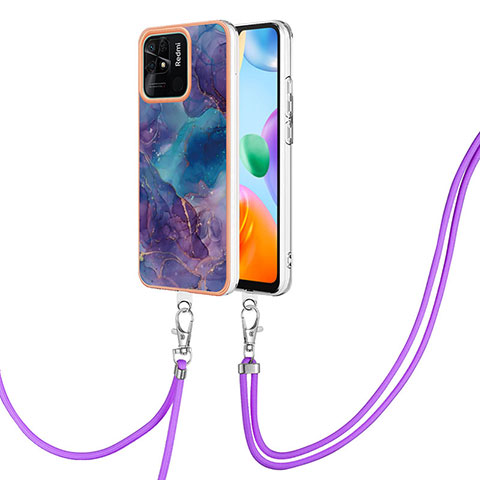 Funda Silicona Gel Goma Patron de Moda Carcasa con Acollador Cordon Lanyard YB7 para Xiaomi Redmi 10 Power Morado