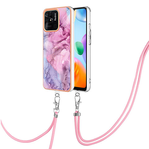 Funda Silicona Gel Goma Patron de Moda Carcasa con Acollador Cordon Lanyard YB7 para Xiaomi Redmi 10 Power Purpura Claro