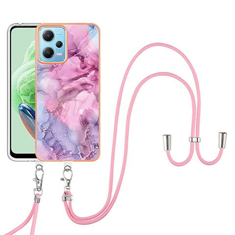 Funda Silicona Gel Goma Patron de Moda Carcasa con Acollador Cordon Lanyard YB7 para Xiaomi Redmi Note 12 5G Purpura Claro