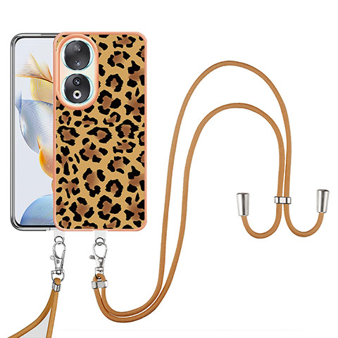 Funda Silicona Gel Goma Patron de Moda Carcasa con Acollador Cordon Lanyard YB8 para Huawei Honor 90 5G Marron