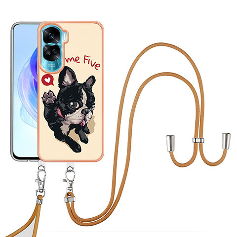 Funda Silicona Gel Goma Patron de Moda Carcasa con Acollador Cordon Lanyard YB8 para Huawei Honor 90 Lite 5G Caqui