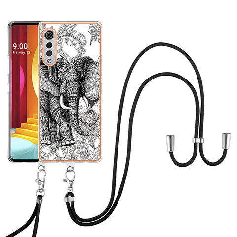 Funda Silicona Gel Goma Patron de Moda Carcasa con Acollador Cordon Lanyard YB8 para LG Velvet 4G Gris