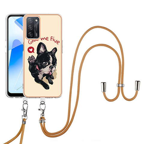 Funda Silicona Gel Goma Patron de Moda Carcasa con Acollador Cordon Lanyard YB8 para Oppo A55 5G Caqui