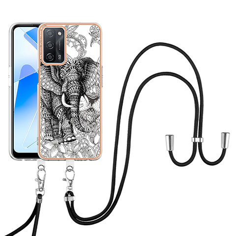 Funda Silicona Gel Goma Patron de Moda Carcasa con Acollador Cordon Lanyard YB8 para Oppo A55 5G Gris