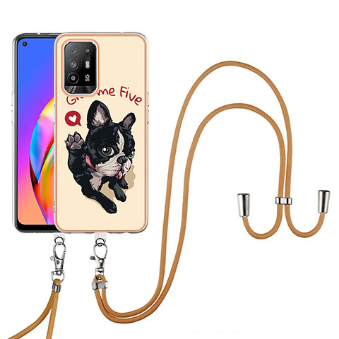 Funda Silicona Gel Goma Patron de Moda Carcasa con Acollador Cordon Lanyard YB8 para Oppo A94 5G Caqui