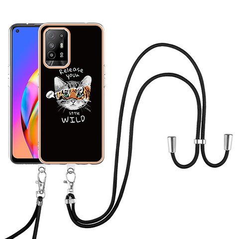 Funda Silicona Gel Goma Patron de Moda Carcasa con Acollador Cordon Lanyard YB8 para Oppo A94 5G Negro