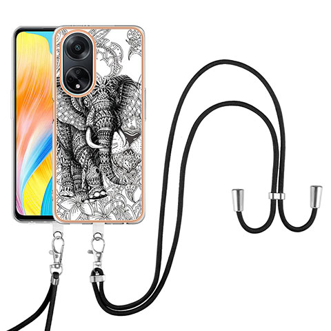 Funda Silicona Gel Goma Patron de Moda Carcasa con Acollador Cordon Lanyard YB8 para Oppo A98 5G Gris