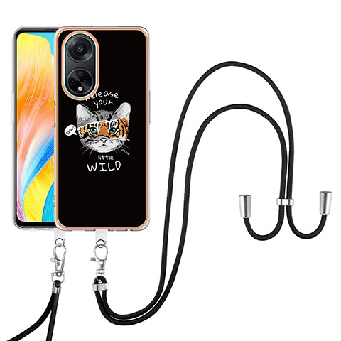 Funda Silicona Gel Goma Patron de Moda Carcasa con Acollador Cordon Lanyard YB8 para Oppo A98 5G Negro