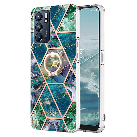 Funda Silicona Gel Goma Patron de Moda Carcasa con Anillo de dedo Soporte Y01B para Oppo Reno6 5G Verde Noche