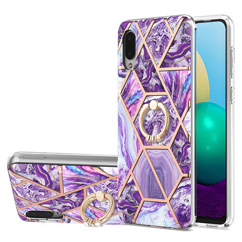 Funda Silicona Gel Goma Patron de Moda Carcasa con Anillo de dedo Soporte Y01B para Samsung Galaxy A02 Morado