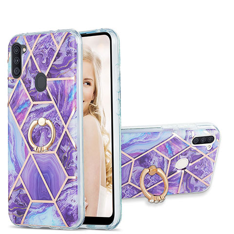 Funda Silicona Gel Goma Patron de Moda Carcasa con Anillo de dedo Soporte Y01B para Samsung Galaxy A11 Morado